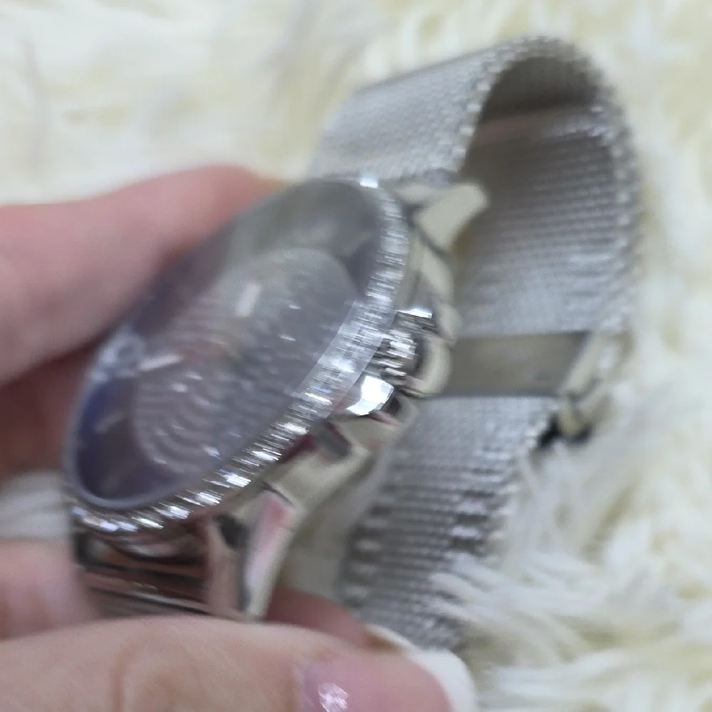Guess Men's Silver Mesh Bracelet Watch with Blue Dial and Crystal Pavé